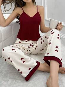 DUSKBASE Color Block Heart Print V-Neck Cami & Pants Pajama Set - Red and White - View 1