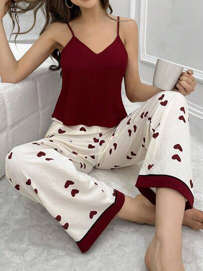 Set De Pijama De Cami Y Pantalón Con Estampado De Corazones En Bloque De Colores Y Cuello En V