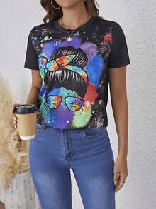 SHEIN LUNE 女裝印花圖案短袖t恤 - 黑色 - 查看 5