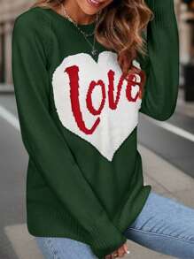 SHEIN LUNE Plus Size Heart And Letter Pattern Raglan Long Sleeve Sweater