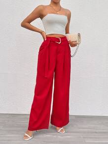 Chiquease 女款純色百褶西裝褲 - 紅色 - 查看 5