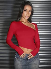 SHEIN BAE 女式不对称领口三角围巾下摆紧身 T 恤 - 紅色 - 查看 6
