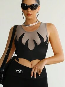 SHEIN ICON Khối màu Ách lưới Quần skinny Áo ba lỗ Với mỏng Chi tiết - Màu xám đen - Xem 3