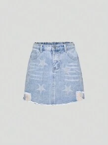 Teen Girls' Light Wash Ripped Denim Skirt With Rhinestone Embellishments - Light Wash - View 1