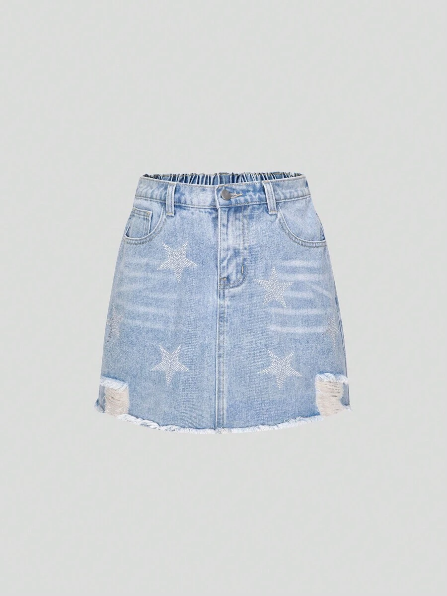 Teen Girls' Light Wash Ripped Denim Skirt With Rhinestone Embellishments - Light Wash - View 1