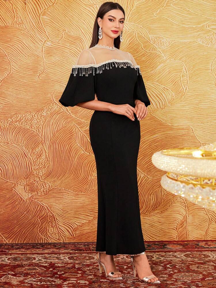 Women's Contrast Color Tulle Patchwork Fringe Lantern Sleeve Dress,Elegant Evening Party Dress Long Evening Dresses