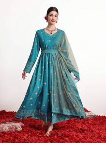 Divindia 女士碎花印花拼接网眼连衣裙 - 綠色 - 查看 4