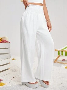 SHEIN Qutie 女式高腰荷叶边前褶皱阔腿裤配装饰腰带沙滩裤 - 白色 - 查看 3