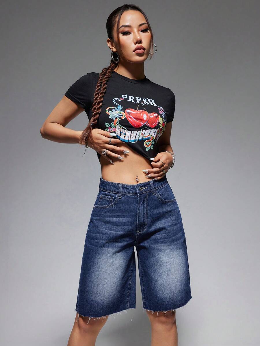SHEIN EZwear Lỏng lẻo phù hợp Quần short Denim Với Mèo Whisker Rửa Và Nghiêng Túi - Rửa trung bình - Xem 1