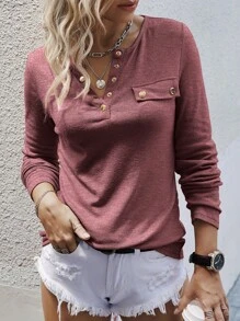 SHEIN LUNE Màu thuần Giải trí Tay áo dài Áo thun - Gỗ đỏ - Xem 5