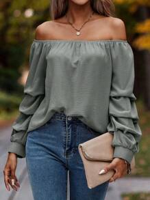 SHEIN Clasi Off Shoulder Solid Blouse - Grey - View 1