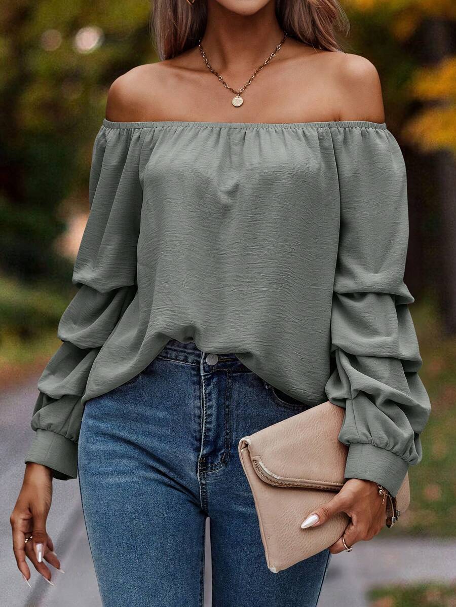 SHEIN Clasi Off Shoulder Solid Blouse - Grey - View 1