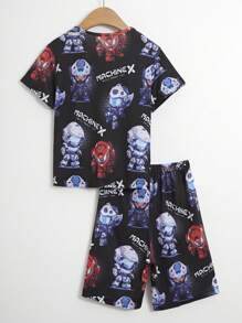 2pcs/Set Young Boys' Mech Digital Printed Short Sleeve Shirt And Shorts Pajama Set - Multicolor - View 6