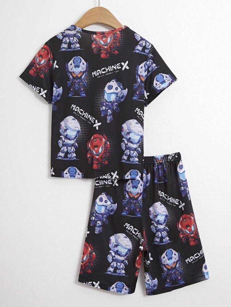 2pcs/Set Young Boys' Mech Digital Printed Short Sleeve Shirt And Shorts Pajama Set