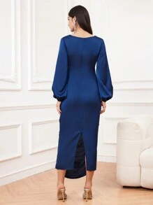 Modelyn Women's Solid Color Lantern Sleeve Ruched Dress, Wedding Guest Dress - Royal Blue - View 2