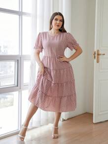 SHEIN Privé Kích thước lớn Hoa văn kẻ sọc To lớn Váy lúc lắc - Bụi hồng - Xem 4