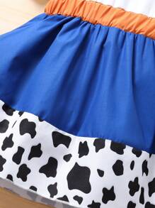 Elegante en zoete pofmouwen kleurblok sterren bedrukt patchwork koe bedrukte prinsessenjurk voor babymeisjes, perfect voor zomerfeesten, vakanties en vrijetijdskleding