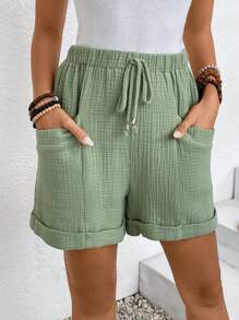 SHEIN Frenchy Shorts Para Vacaciones Casuales De Color Sólido Y Texturizados Para Mujeres - Verde - Ver 1