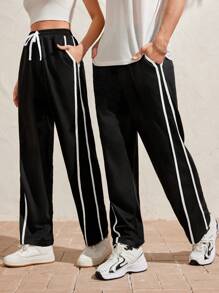 Manfinity Unisex 1 Miếng Nam Sọc Dệt kim Giải trí Quần Với Bên Sọc Và Nghiêng Túi - màu đen - Xem 1