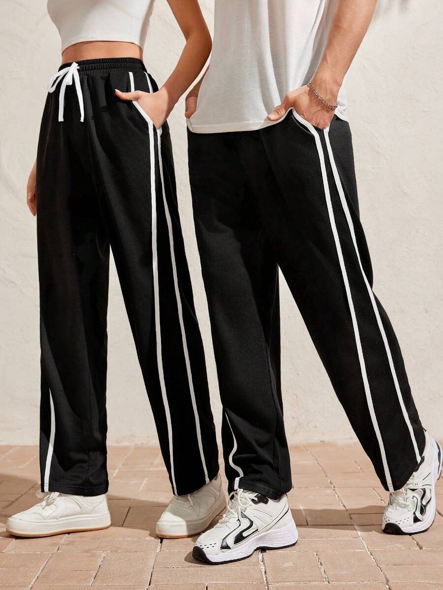 Manfinity Unisex 1 Miếng Nam Sọc Dệt kim Giải trí Quần Với Bên Sọc Và Nghiêng Túi - màu đen - Xem 1