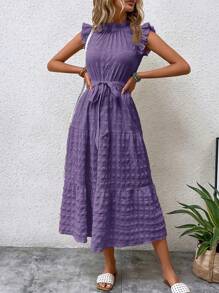 SHEIN LUNE Women's Stand Collar Cap Sleeve Dress With Frill Edging,Lavender Dress - Purple - View 4