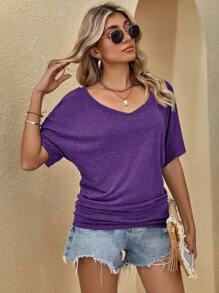 SHEIN LUNE Áo thun nữ tay cánh dơi màu trơn, kiểu dáng thường ngày. - Màu tím - Xem 5