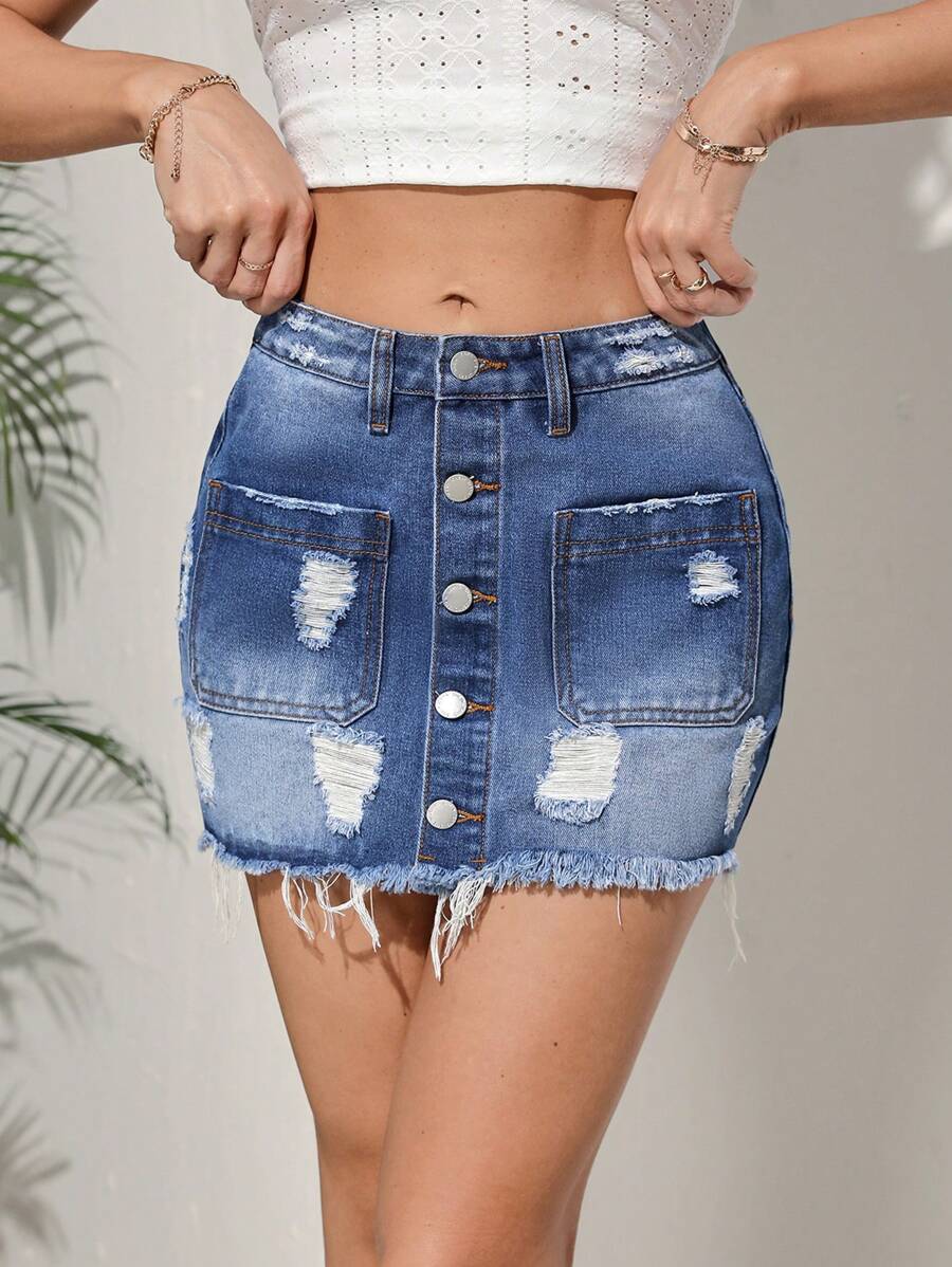 SHEIN EZwear Ladies' Sexy Distressed Denim Mini Skirt In Blue, Ideal For Beach Vacation And Casual Wear - Dark Wash - View 1