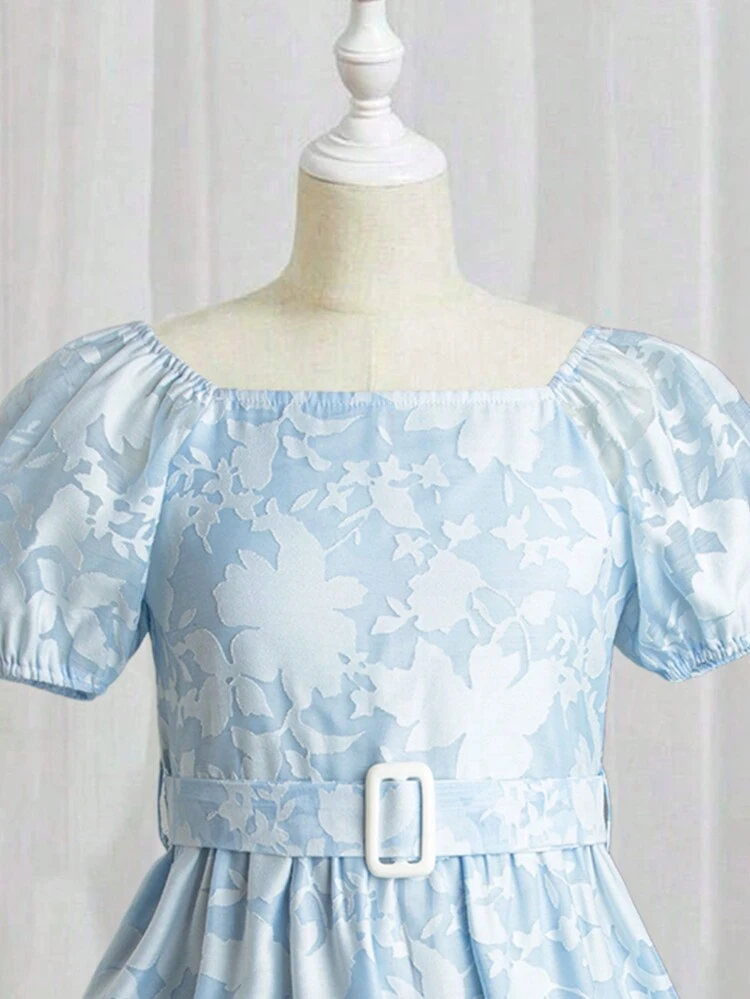 Tween Girl's Elegant Bubble Sleeve Belted Dress