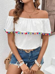 SHEIN VCAY Blusa Con Hombros Descubiertos Y Decoración De Pompones De Colores Con Ribete De Volantes - Blanco - Ver 6