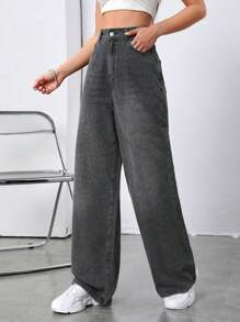 SHEIN ICON High Waist Wide Leg Jeans - Grey - View 4