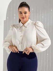 Modelyn 大尺碼串珠細部燈籠袖襯衫 - 杏色 - 查看 4