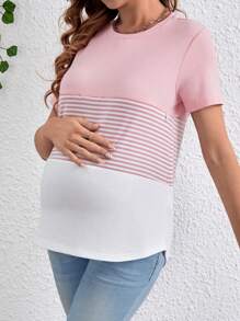 SHEIN Maternity Striped Color Block Breastfeeding Nursing T-Shirt - Pink - View 4