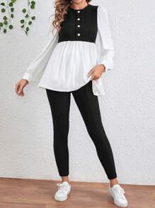 SHEIN Bộ đồ bầu gồm áo dài tay cổ tròn và quần dài hai mảnh Colorblock - màu đen - Xem 3