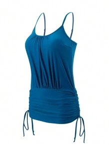 SHEIN Swim Summer 2pcs/Set Solid Drawstring Ruched Side Tankini Swimwear - Navy Blue - View 4