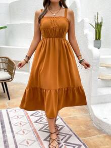 SHEIN LUNE Kích thước lớn Màu thuần Xù Hoa Sen Váy Dây - màu nâu - Xem 3