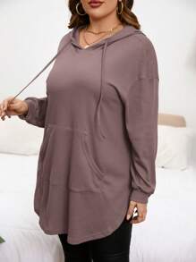 SHEIN Privé Plus Size Solid Color Hooded Drawstring Asymmetrical Hem Sweatshirt In Fall/Winter - Dusty Pink - View 4