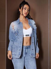SHEIN EZwear Drop Shoulder Distressed Denim Jacket - Blue - View 1