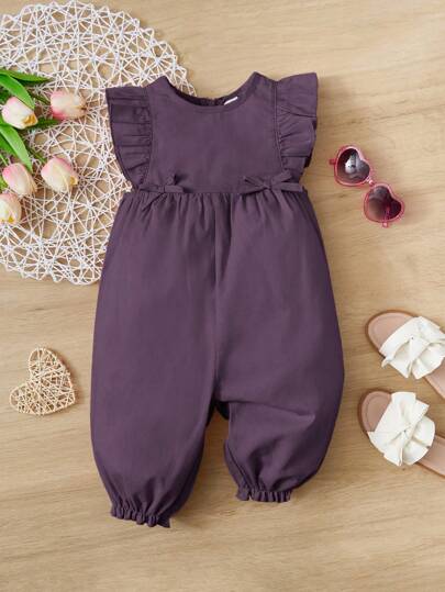 SHEIN 女婴荷叶边连体衣，带蝴蝶结装饰