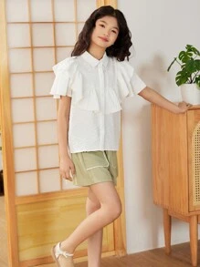 SHEIN Chemise Pour Fille Préadolescente À Manches Évasées À Volants Et À Coupe Droite Unie