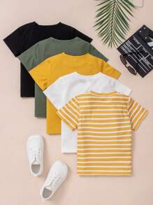 SHEIN Explorewe Set Of 5 Round Neck Short Sleeve T-Shirts For Young Boys, School, Campus, College Summer Holiday - Multicolor - View 2