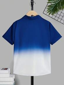 SHEIN 男孩漸層印花領扣梭織短袖襯衫,度假風格 - 藍色 - 查看 2
