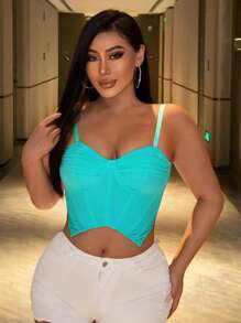 SHEIN SXY Corpete corselet curto sem mangas azul gota de muito elástico, alto padrão sexy de dia dos namorados para sutiã ajustável com tiras de ombro apertadas sedosas. - Azul cadete - Visão 4