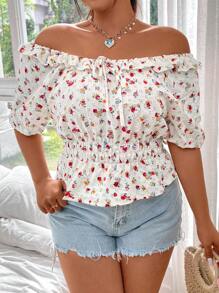 SHEIN Unity Women's Plus Size Floral Off Shoulder Shirt - Apricot - View 4