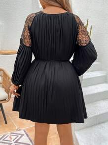 Calvaya Plus Size Lace Patchwork Pleated Dress - Black - View 2