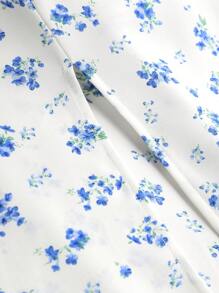 SHEIN 少女藍色花卉印花連衣裙,集合褶皺胸部、蝴蝶結和分割式泡泡袖 - 藍色 - 查看 6