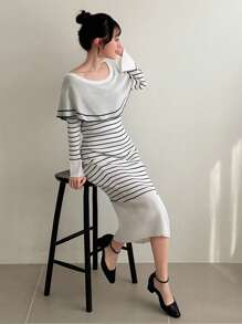 FRIFUL Women's Striped Long Sleeve Sweater Dress,Fall Clothes - Black and White - View 1