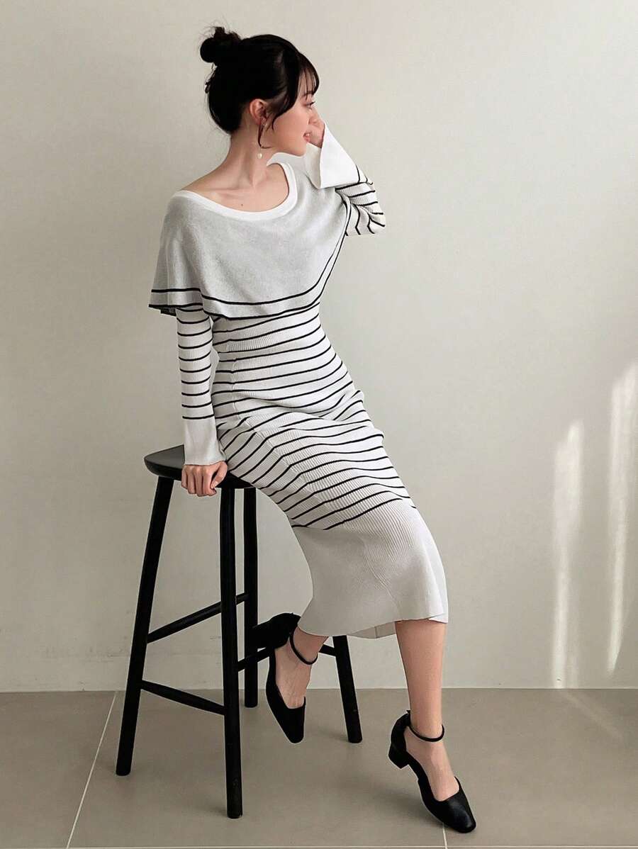 FRIFUL Women's Striped Long Sleeve Sweater Dress,Fall Clothes - Black and White - View 1