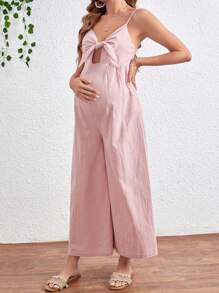 SHEIN Maternity Front Tie & Hollow Out Wide Leg Jumpsuit With Spaghetti Straps - Pink - View 4