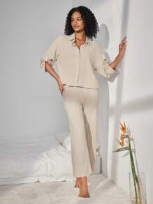 Ocili Top De Ropa De Hogar Suelto Con Hombros Caídos Y Rayas - Caqui - Ver 5