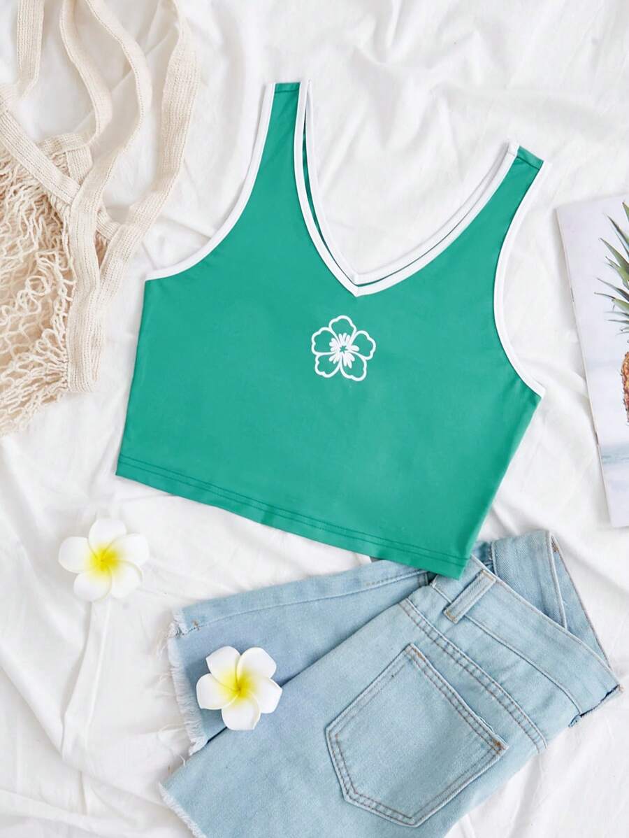 Soleia 女士花卉印花撞色鑲邊背心上衣 - 綠色 - 查看 1